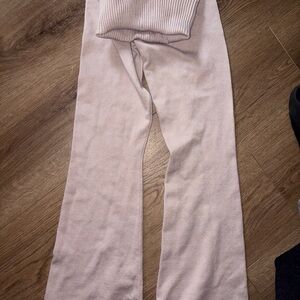 Soft Knit Wide-Leg Pants fold over in Light Beige